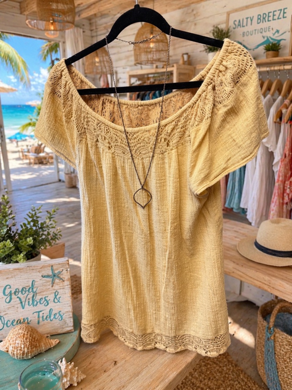 O'Neill Crochet Yoke Off-Shoulder Tunic - Yellow with necklace!